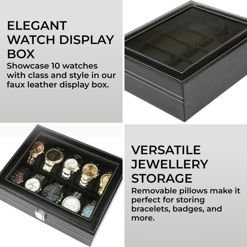 H&S Watch Box Organizer for Men & Women - Black Faux Leather Watch Holder w/Velvet Lining - Display Case Stores up to 10 Watches - Image 2